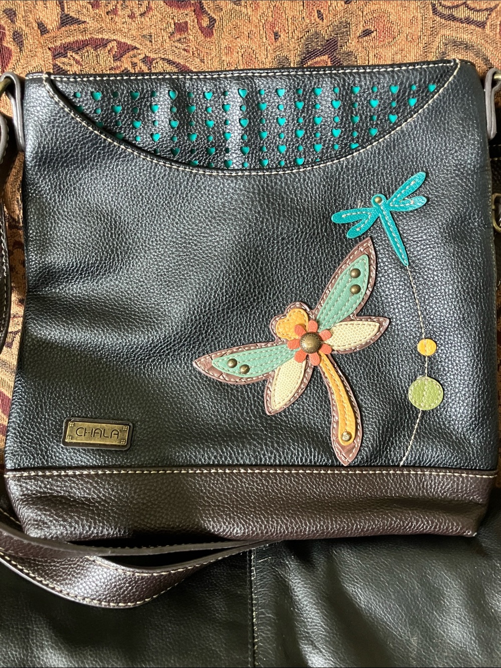 Chala Black Crossbody Bag with Teal Dragonfly and Multicolor Appliqué